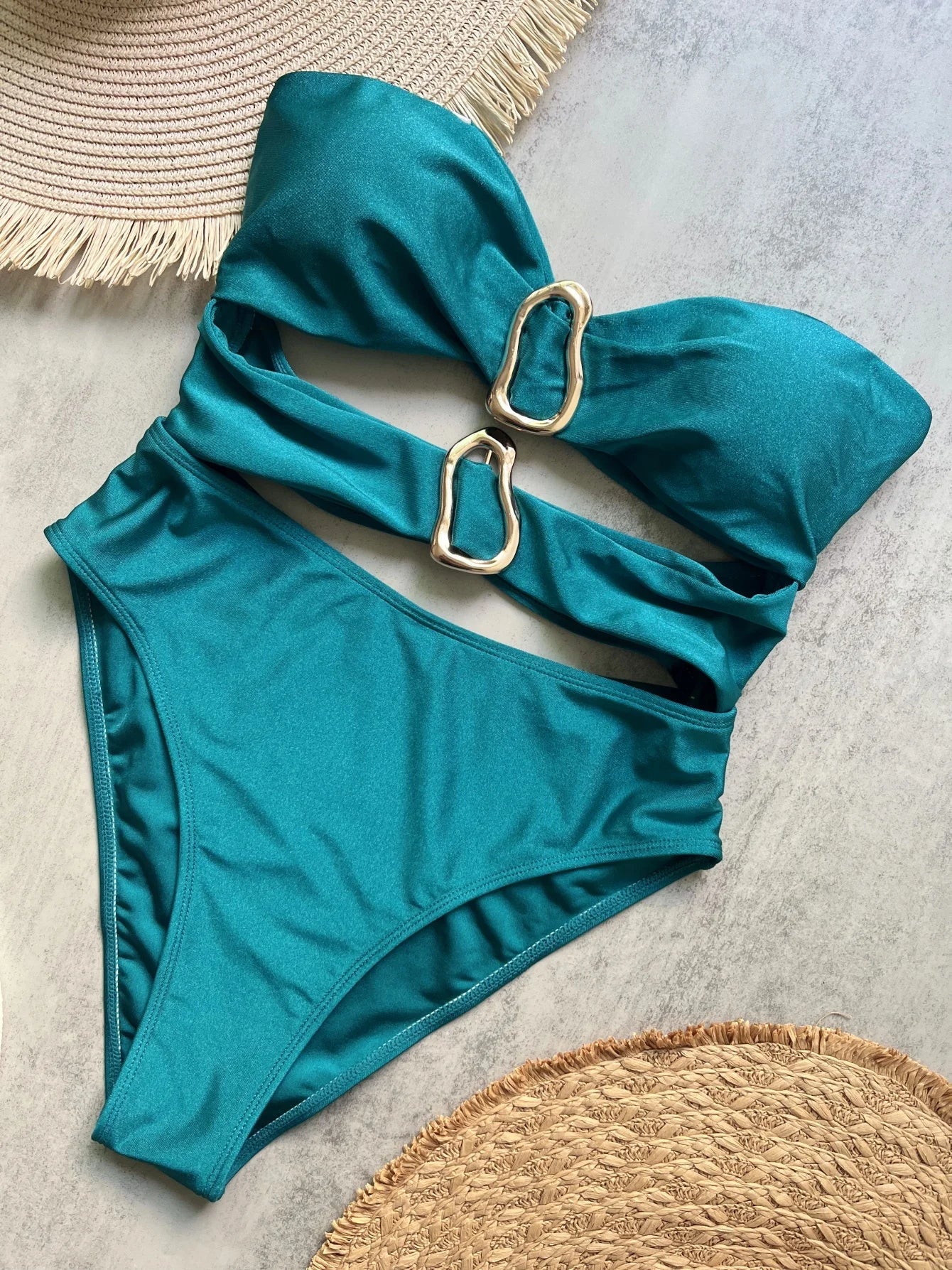3 Colors Sexy Metal Rings Cut Out Women Swimwear One Piece Swimsuit Female Bandeau High Leg Cut Bather Bathing Suit Swim B022D
