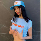 Cute 2000s Aesthetics Letter Print Blue Baby Tees Y2K Streetwear O-neck Short Sleeve Crop Tops Women Fashion 2023 Slim