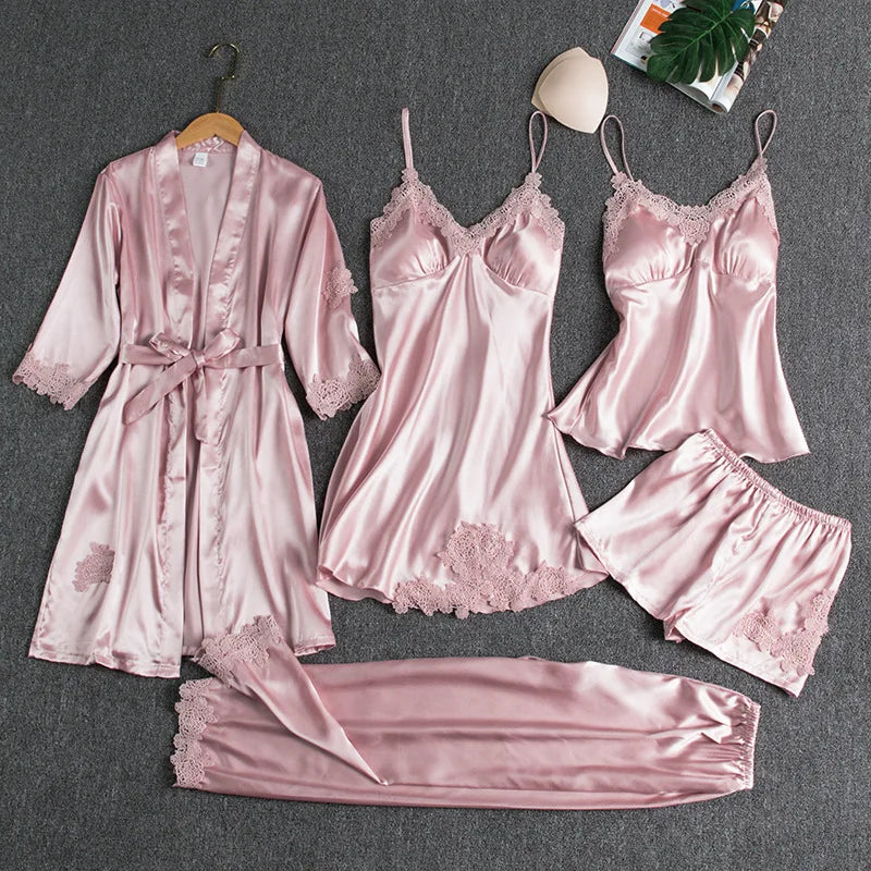 5PCS Women's Ice Silk Sexy Pajama Set Breathable Lace Satin Pajama Bathrobe Five Piece Set Casual Home Clothes Spring and Summer