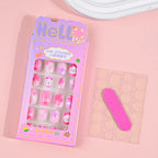 24Pcs Children Cartoon Nail Tips Colorful Cute Rabbit Pink Stars 6-14 Years old Girl Fake Nail With Jelly Glue Kids False Nail