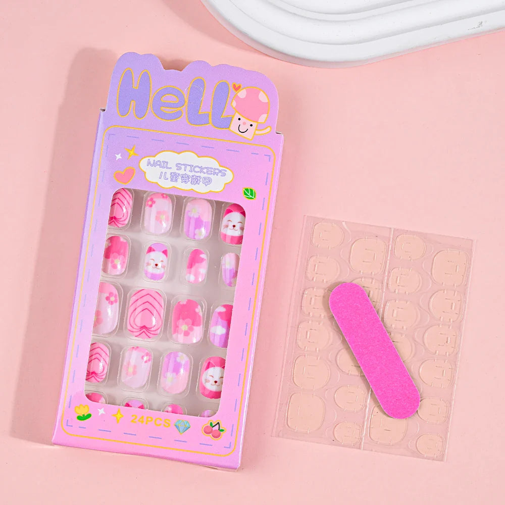 24Pcs Children Cartoon Nail Tips Colorful Cute Rabbit Pink Stars 6-14 Years old Girl Fake Nail With Jelly Glue Kids False Nail