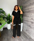 Elegant Women's Casual Short Sleeve T-shirt Sports Suit Summer Fashion Solid V Neck Short Top & Straight Pants Two Piece Sets