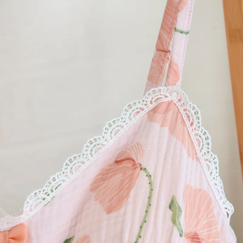 2025 New Summer Women's Pajama Set 100% Cotton Suspenders+Shorts with Chest Pads Two Piece Set of Ladies Flower Home Furnishings