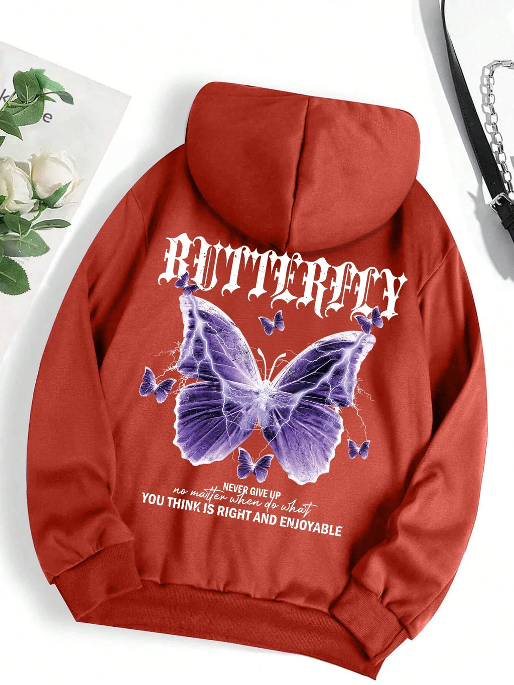 Beautiful Purple Butterfly Printing Hoodies Women Fleece Pocket Hoody Simple Casual Hoodie Autumn Loose Female Streetwear