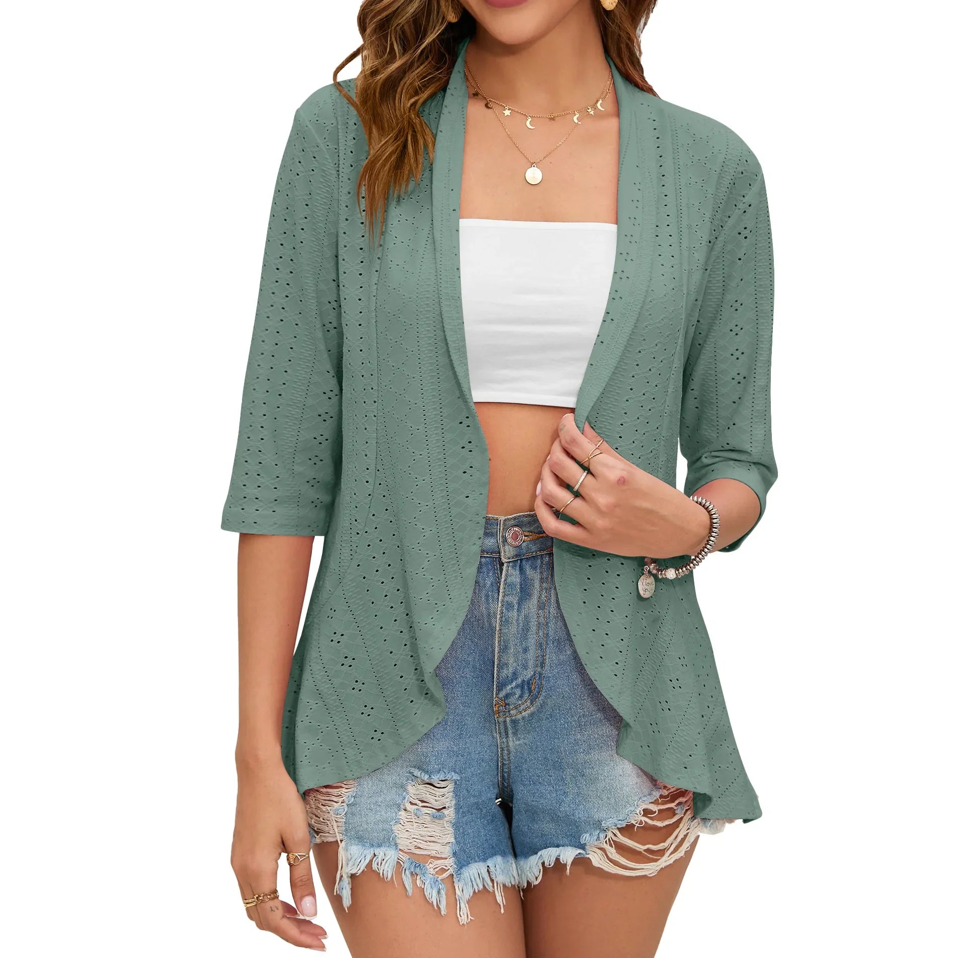 2024 Summer Fashion Ladies Hollow Out Cardigan Boho Tops Women Beach Outwear Casual Three Quarter Sleeve Sunscreen Shirt