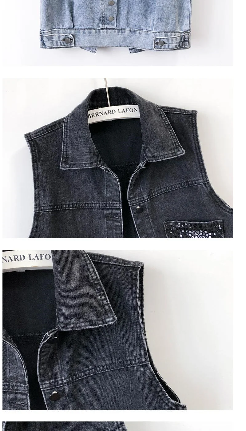 2024 Fashion Design Sequins Denim Vest Summer Autumn Women's Waistcoat Korean Leeveless Denim Jeans Jacket Female Vest Tops