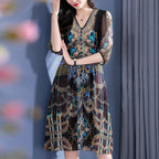 2025 Summer Bohemian Dresses For Women Elegant V-neck High Waist Women's Print Black Dress A-line 100% Real Silk Long Midi Dress