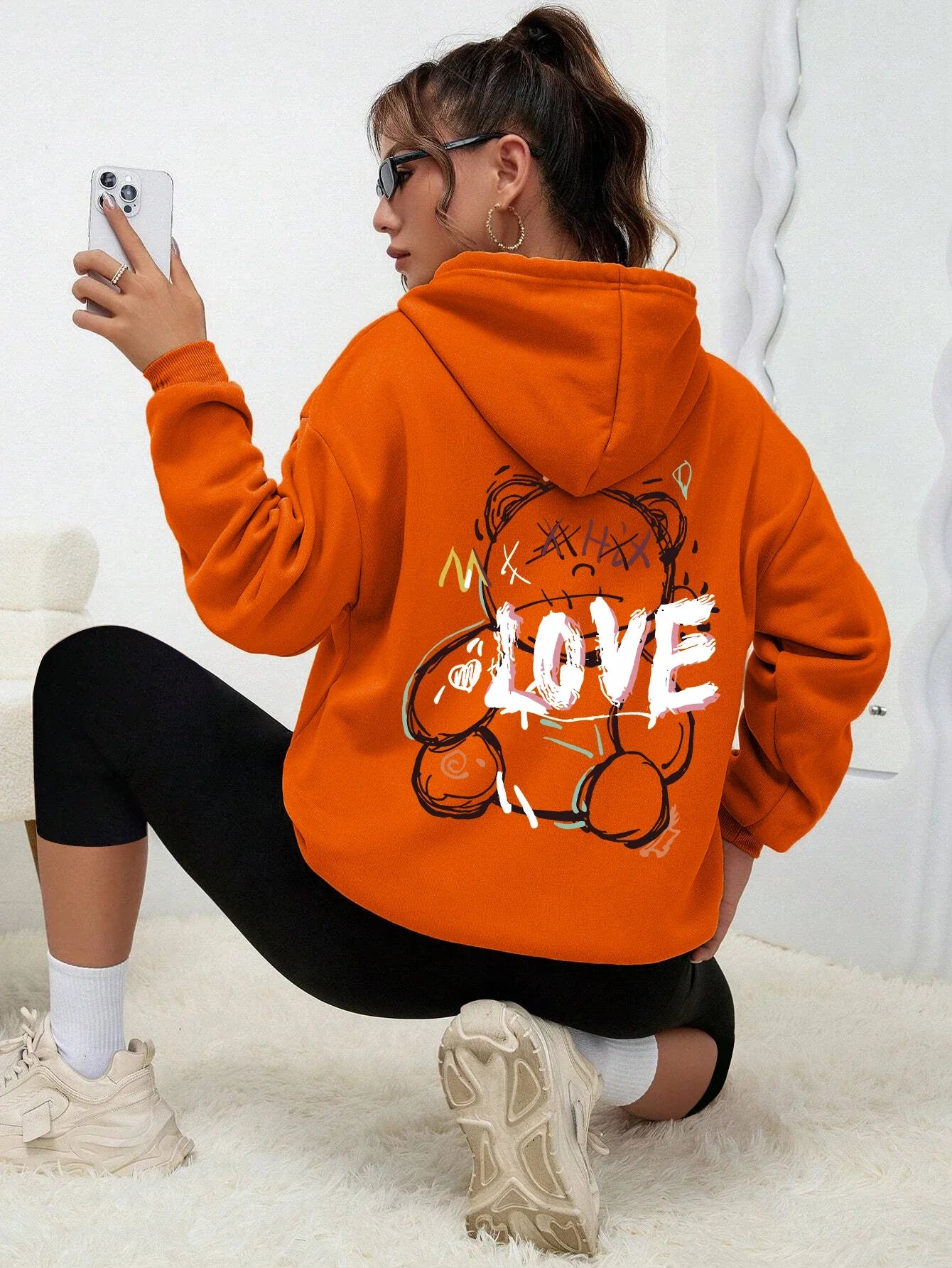 Graffiti Line Bear Simple Print Female Hoody Harajuku S-Xxl Sweatshirt Fashion Casual Street Hooded Autumn Warm Streetwear Women