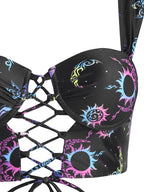 Dressfo Women's Vintage Tanknini Swimsuit Sun Moon Print Lace Up Cut Out Ruched High Waist Bottom Push Up Underwire Swimwear