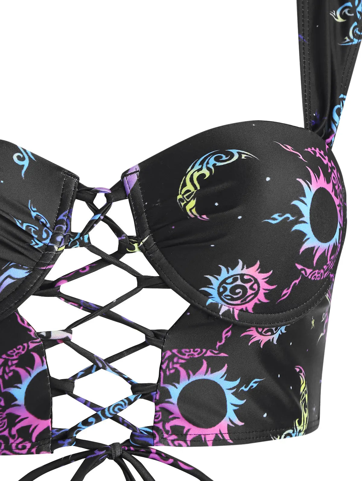 Dressfo Women's Vintage Tanknini Swimsuit Sun Moon Print Lace Up Cut Out Ruched High Waist Bottom Push Up Underwire Swimwear