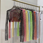 2023 new sexy bright diamond short top Slim thin Ms. hot drill long-sleeved T-shirt sexy leak waist nightclub