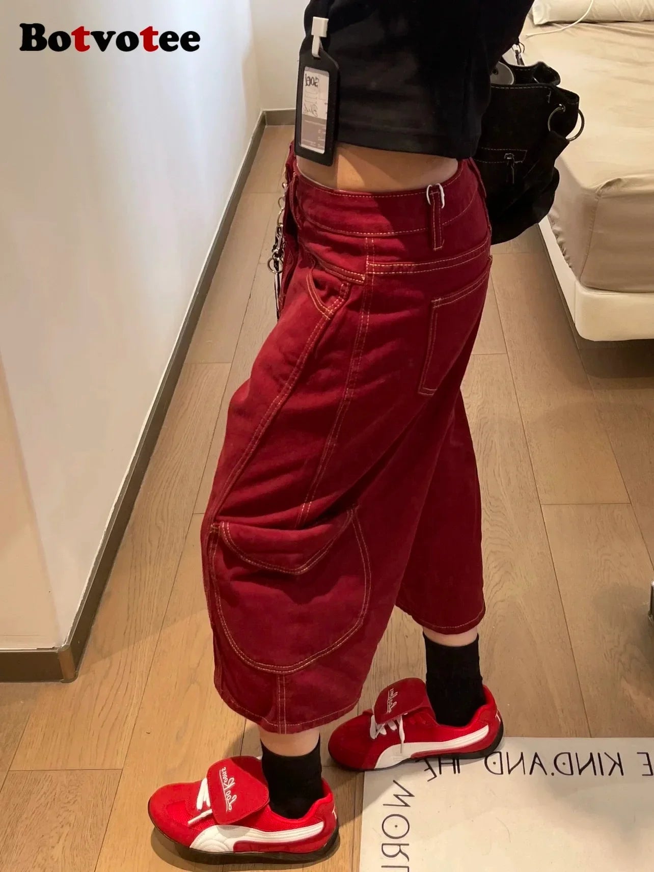 Botvotee Burgundy Calf Jeans for Women High Waisted Wide Leg Baggy Cargo Denim Shorts 2000s Y2k Vintage Streetwear Short Jeans