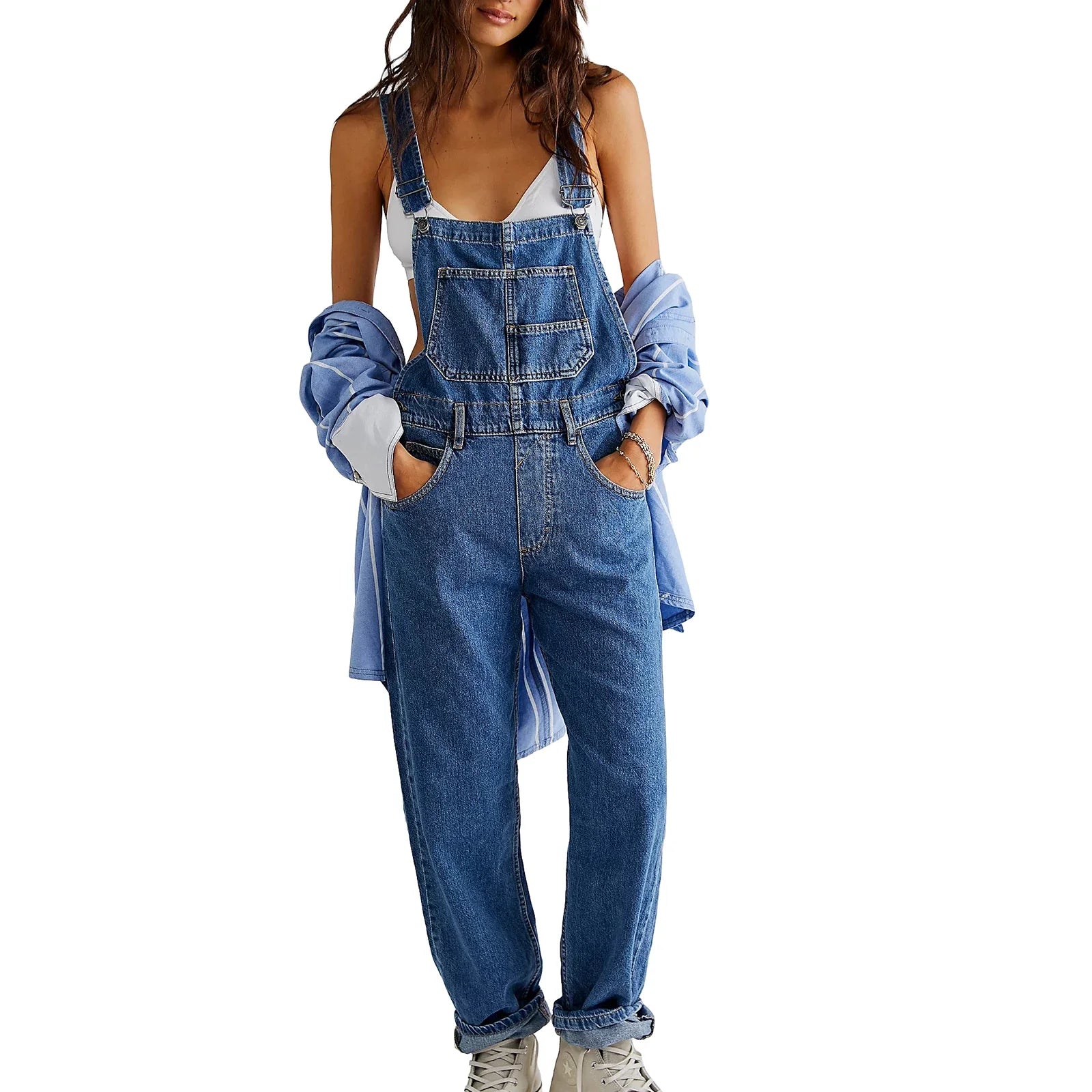 Casual Women Summer Vintage Retro Denim Long Jumpsuit Spaghetti Strap Straight Romper Pants Baggy Bib Overalls Jumpsuits