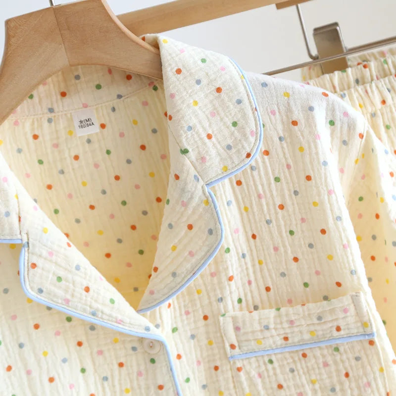 2025 New Summer Women's Pajama Set 100% Cotton Crepe Short Sleeve+Shorts+Pants 3-Piece Pajama Women's Cardigan Home Clothes