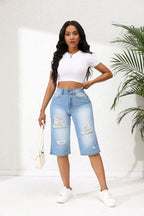 2025 Summer New Calf-Length Jeans For Women Fashion Ripped Slim Fit Butt Lift Denim Straight Legs Casual Clothing