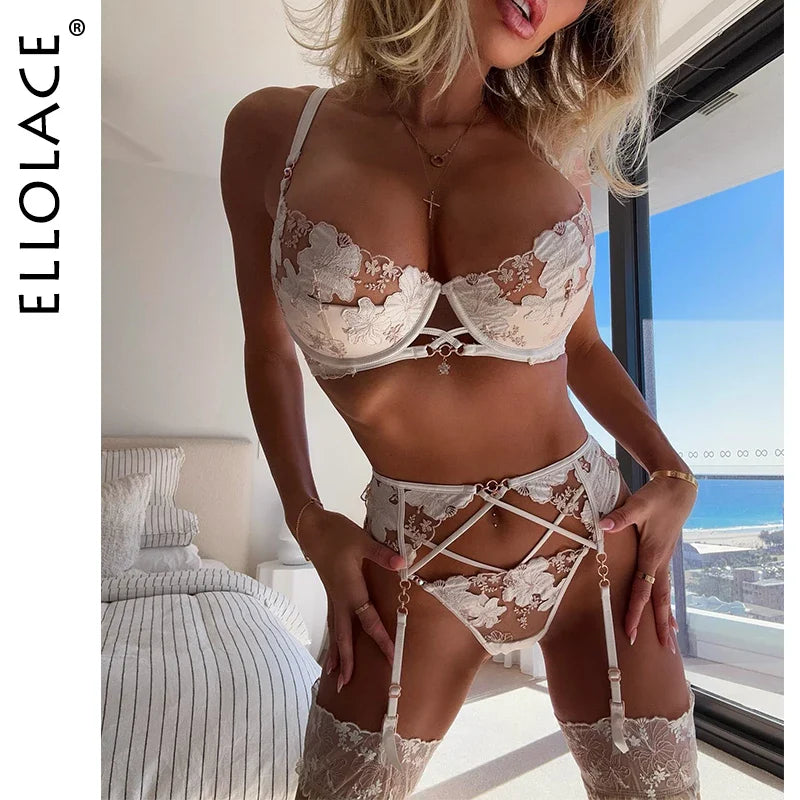 Ellolace Fancy Lingerie Floral Lace Transparent Bra Ensemble Underwear Attractive Chest Suspenders g-String Sexy Outfits 18