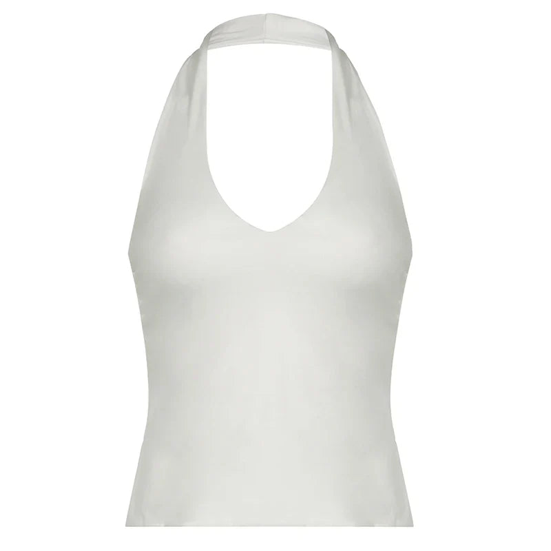 Cuteandpsycho Halter Neck Sext Tops Solid Basic Clubwear Fashion Slim Backless Cloth for Women Y2K Vintage 2000s Streetwear Tee