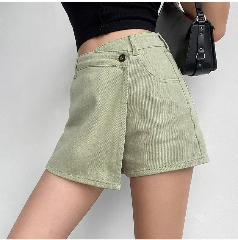 Elegant Slimming High-waisted A- line Denim Shorts Women's Summer New 2023 Light Color Two-piece Illusion Design Slim Fit