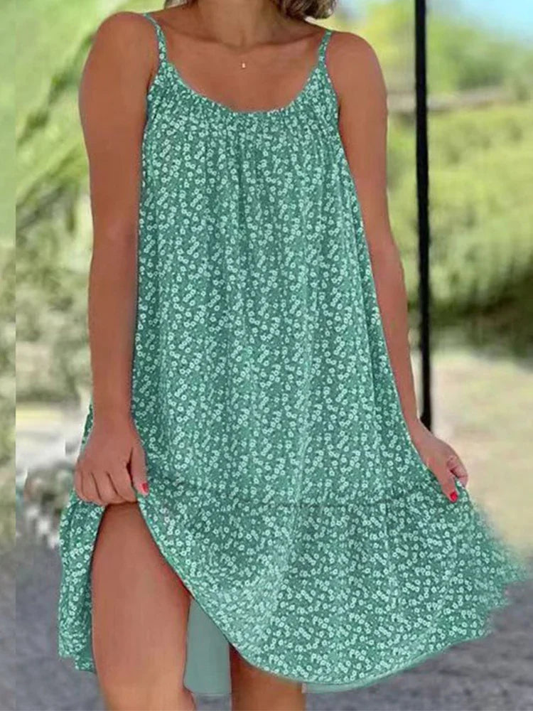 Cross border European and American Summer New Rural Style Big Swing Skirt with Floral Blossoms, Sleeveless Strap, Vest Dress