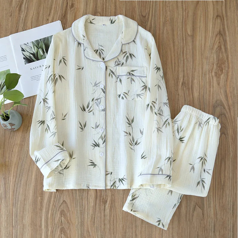 2025 Spring and Autumn Women's Pajama Set 100% Cotton Crepe Long sleeved Pants Two piece Cute and Sweet Home Fury Set Ladies