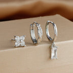 3PCS Fashion Stainless Steel Circle Hoop Earrings Set for Women 18K Gold Plated Zircon Pendant Square Earring Piercing Jewelry