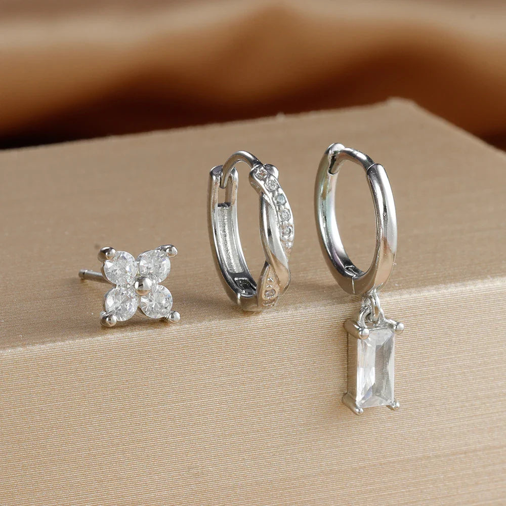 3PCS Fashion Stainless Steel Circle Hoop Earrings Set for Women 18K Gold Plated Zircon Pendant Square Earring Piercing Jewelry