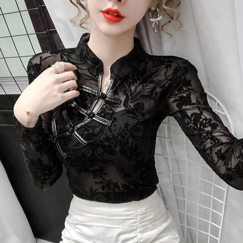 Elegant Chinese Style Mesh Lace Bottoming Shirt Casual Hollow Slim Woman's Shirt Vintage Long Sleeve Sexy Mesh Tops Blusas 11010