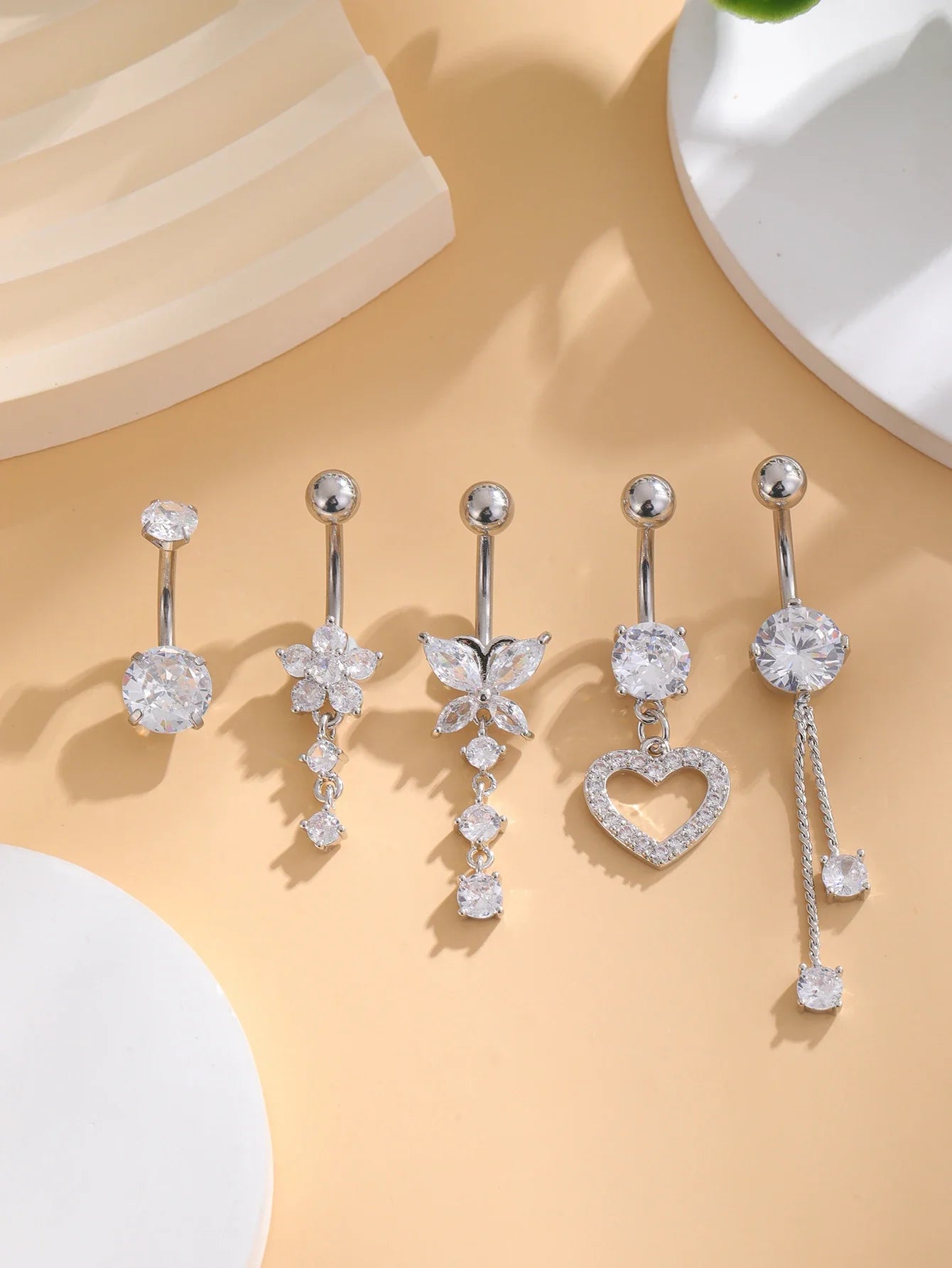 14G Gold Color Series Butterfly Dangled Belly Piercing Sets 5PCS/Lot Heart Flower Curved Navel Navel Ring Belly Button Rings