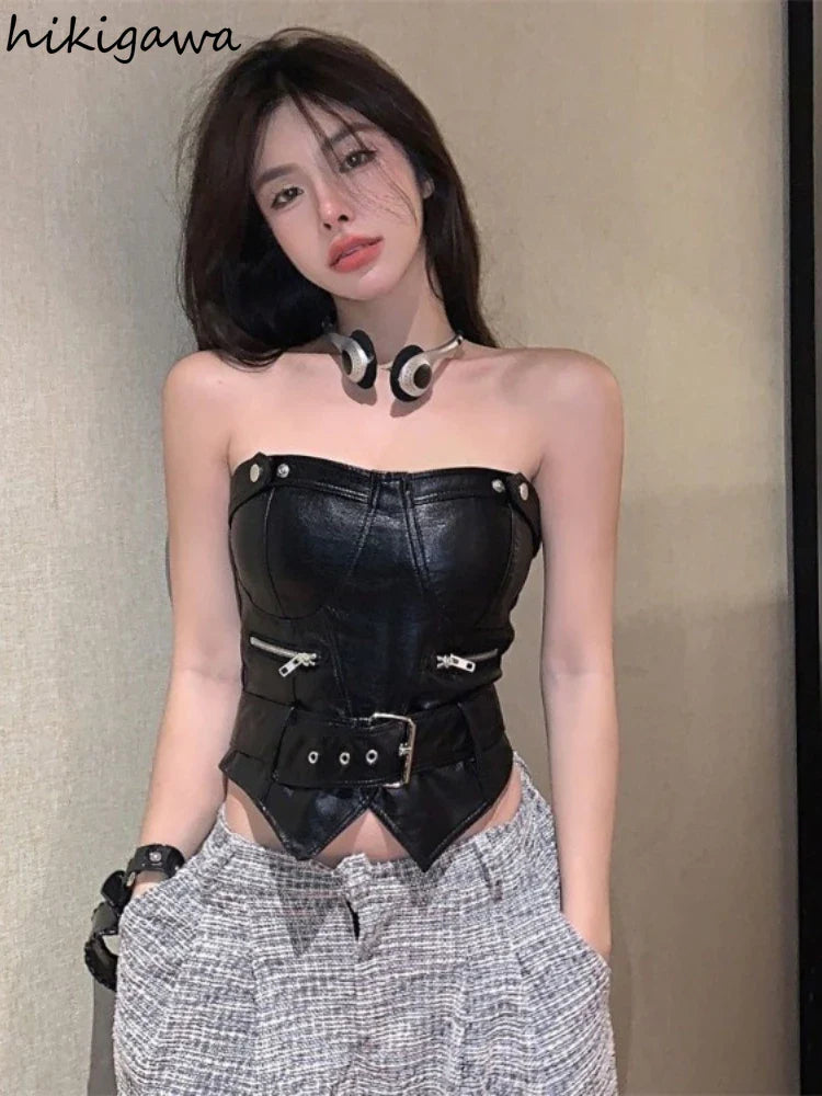 Crop Tops Sexy PU Y2k Tanks Women Clothing Fashion Summer Camis 2025 Ropa Mujer Slim Waist Irregular Backless Harajuku Vest