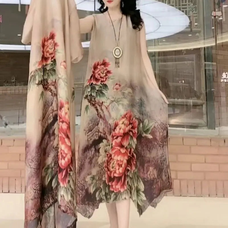 Commute Floral Printed Matching Sets Two Piece Set Casual Round Neck Spring Summer Female Fashion Irregular Hem Long Dress Sets