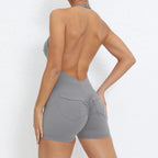 Gym Sport Jumpsuit Short Jumpsuit with Pocket Women Sportswear One Piece Yoga Set Sexy Backless Scrunch Fitness Overalls Romper