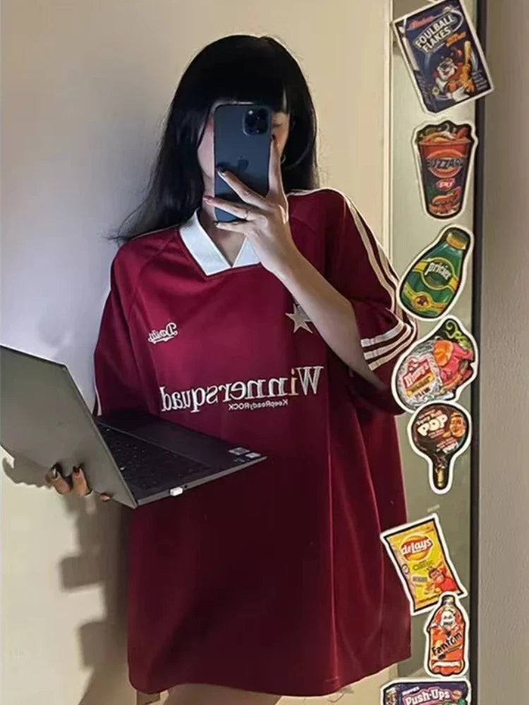 2024 Y2K Oversized Jersey T-shirt Women Summer New Vintage Short Sleeve V-neck Loose Sports Tops Hip Hop Streetwear Letter Tees