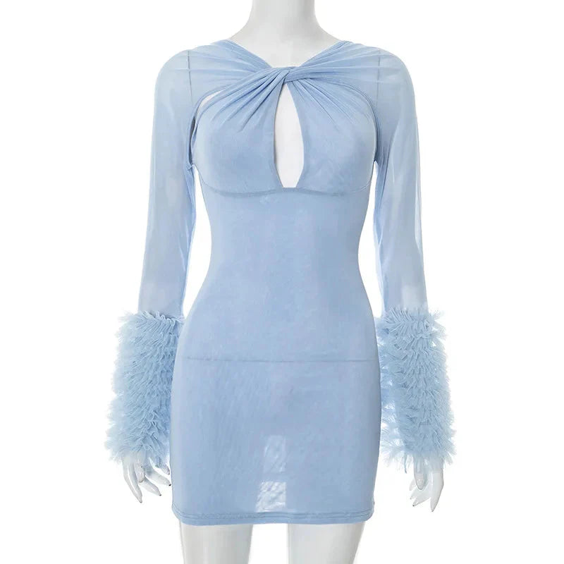 2025 Autumn Furry Patchwork Dress Women See Through Full Sleeve Sexy Hollow Cross Elegant Luxury Banquet Birthday Party Clubwear