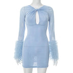 2025 Autumn Furry Patchwork Dress Women See Through Full Sleeve Sexy Hollow Cross Elegant Luxury Banquet Birthday Party Clubwear