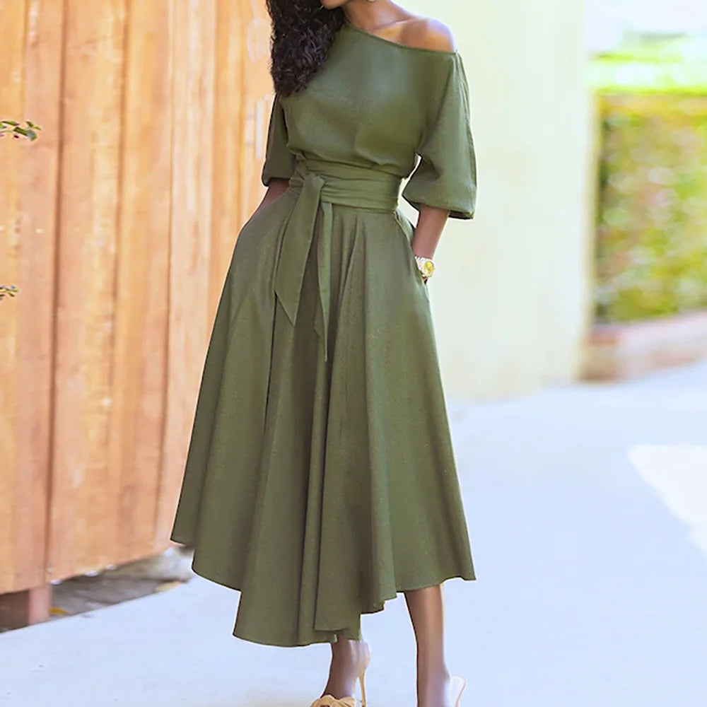 Elegant Women's Spring/Summer Fashion Green Diagonal Neck Middle Sleeve Casual Dress Women's Casual Retro Long Dress s-3XL