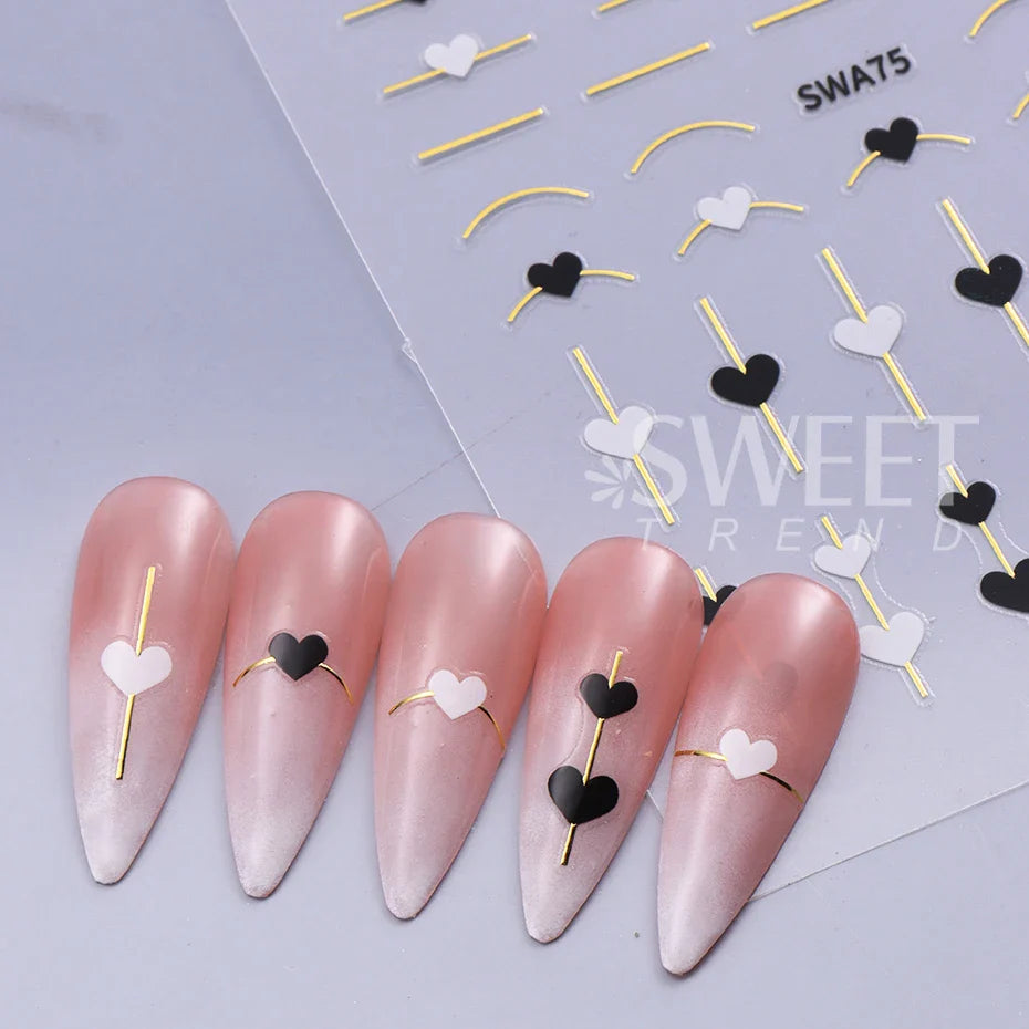 2pcs Black White Red Love Heart Nail Stickers Metallic Golden French Line 3D Adhesive Slider DIY Valentine Design Manicure Decor