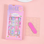 24Pcs Children Cartoon Nail Tips Colorful Cute Rabbit Pink Stars 6-14 Years old Girl Fake Nail With Jelly Glue Kids False Nail