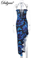 Dulzura Tie Dye Print Lace Up Side Slit Midi Dress For Women Ruffle Long Dress Bodycon Sexy Party Club Outfits 2024 Summer Y2K