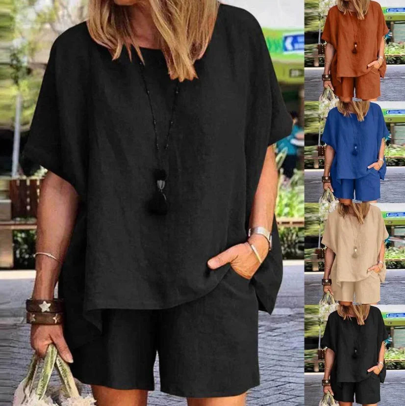 2024 Summer Fashion Cotton and Hemp New Elegant Women's Casual Two Piece Set Short Sleeved Top Waist Wide Leg Pants Set