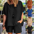 2024 Summer Fashion Cotton and Hemp New Elegant Women's Casual Two Piece Set Short Sleeved Top Waist Wide Leg Pants Set