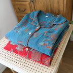 2025 New Spring and Autumn Women's Pajama Set 100% Cotton Retro Color Woven Home Clothes Long Sleeve Long Pants Two Piece Set