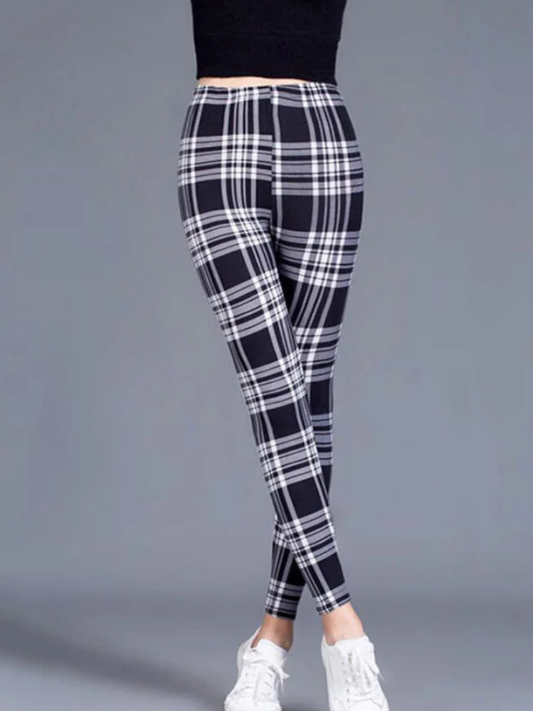 CUHAKCI Female Fitness Leggings Women Print Plaid Leggings Lady Sexy Slim Pencil Pants Push Up Elastic Waist Trousers