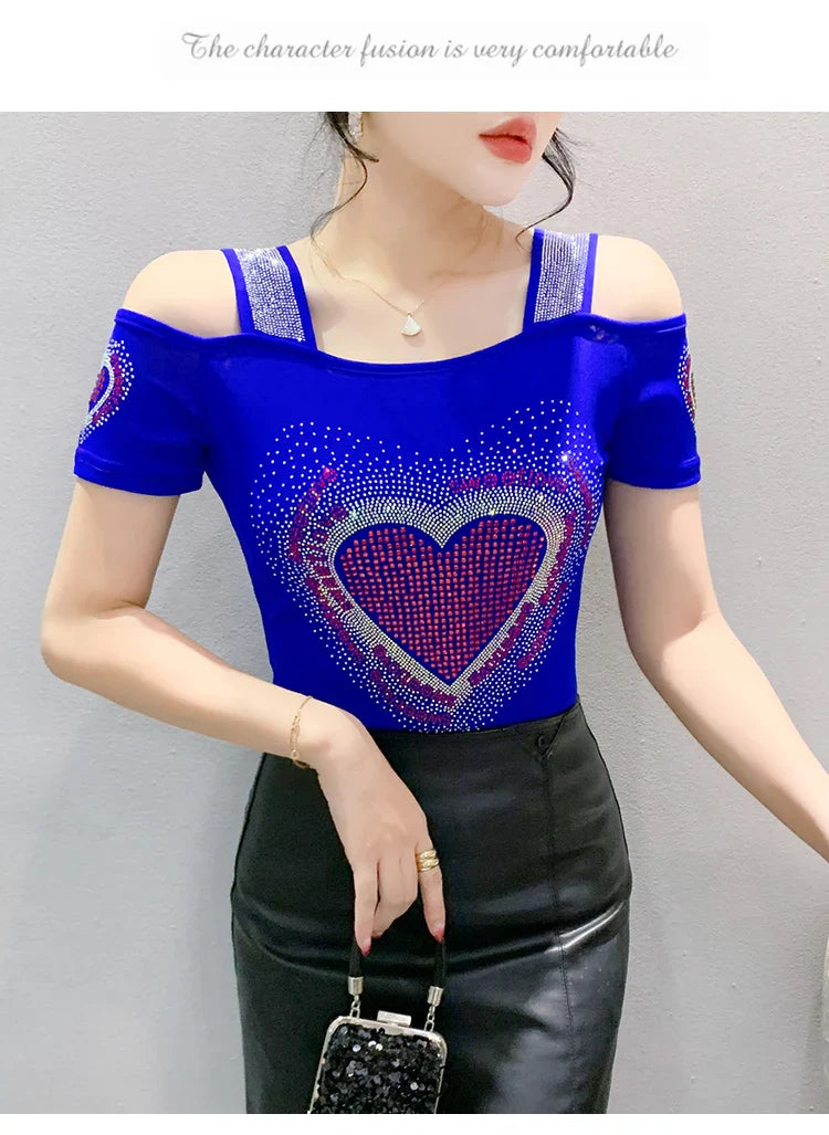 Aoxison Summer Short Sleeved Women's T-Shirt Elegant Slim Shiny Love Heart Diamonds Mesh Tops Chic Girl Sexy Off Shoulder Tees