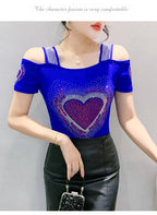 Aoxison Summer Short Sleeved Women's T-Shirt Elegant Slim Shiny Love Heart Diamonds Mesh Tops Chic Girl Sexy Off Shoulder Tees