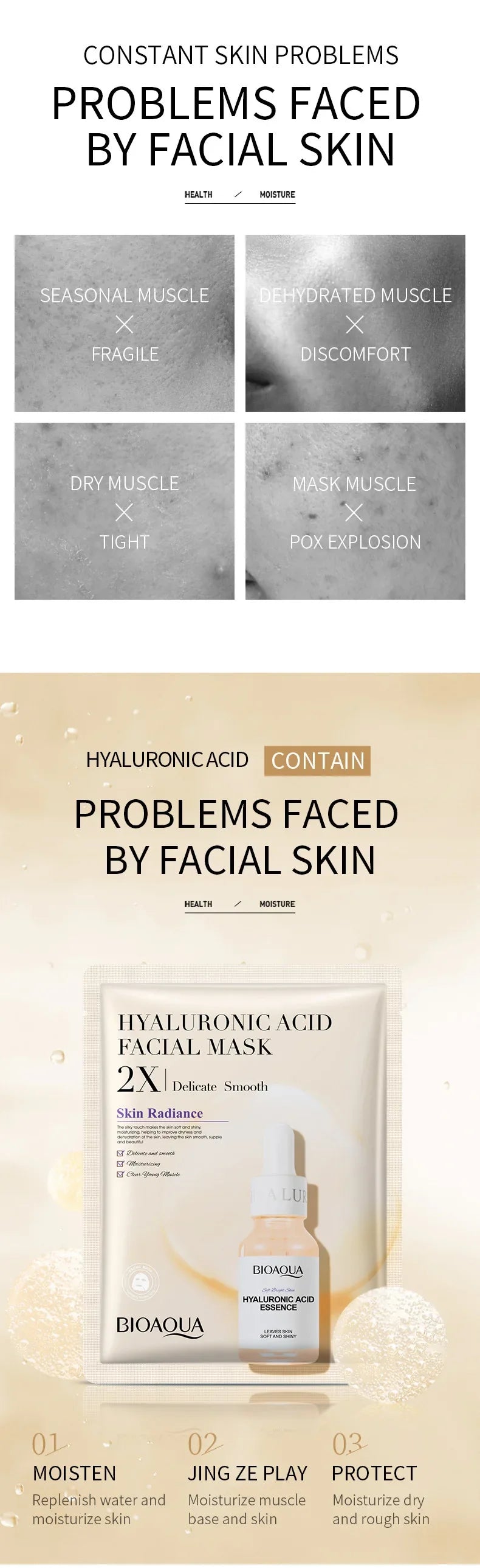 20 Pieces BIOAQUA Centella Collagen Vitamin C Facial Mask Moisturizing Refreshing Sheet Masks Hyaluronic Acid Skin Care Products