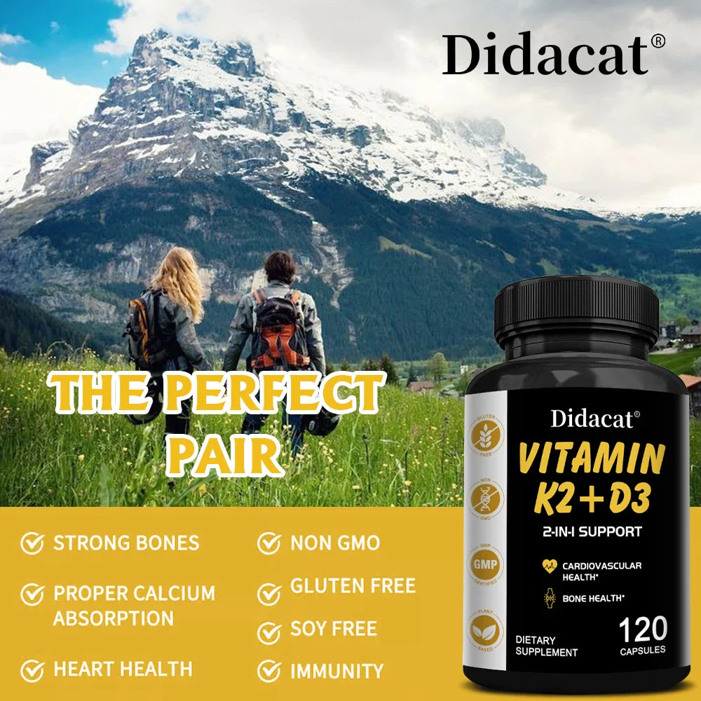 Didacat Vitamin D3+K2 Capsules, Support Calcium Absorption Bone Teeth Heart Brain Health Joints Immune Function