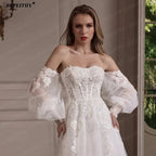 BEPEITHY Customized Strapless A Line Off Shoulder Long Sleeves Bride Ivory Wedding Dresses Glitter Court Train Bridal Gown 2025