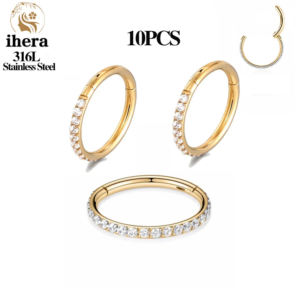 316L Stainless Steel Zircon CZ Hinged Segment Nose Septum Clicker Ring Round Earrings Hoops Ear Tragus Helix Piercing Jewelry