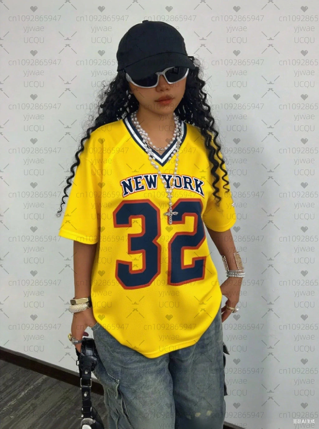 2025 Women Baseball Jerseys NEW YORK 32 Print V-Neck Short Sleeve T-Shirt Summer Tee Stripe Oversized Sport T-Shirt