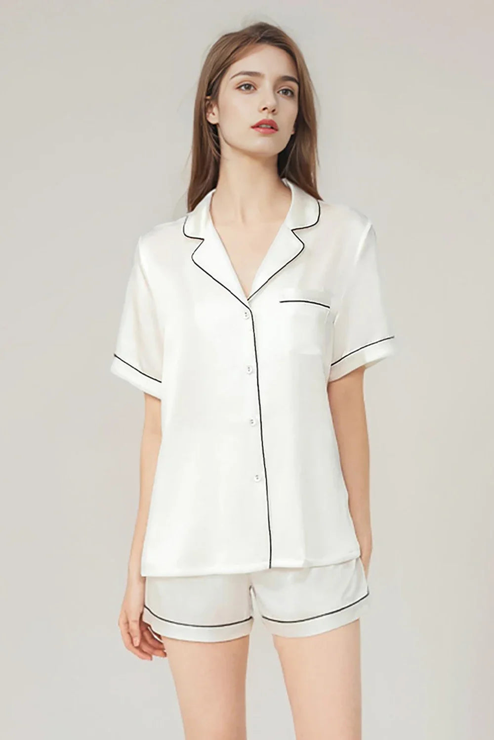 100% Real Mulberry Silk Womens Pajamas Set Sleepwear Pjs Button Down Short Sleeve Shirt Top and Shorts Loungewear 2 Piece M-4XL